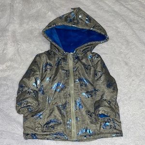 Kids Hooded Dino Puffer Jacket - Blue/Gray